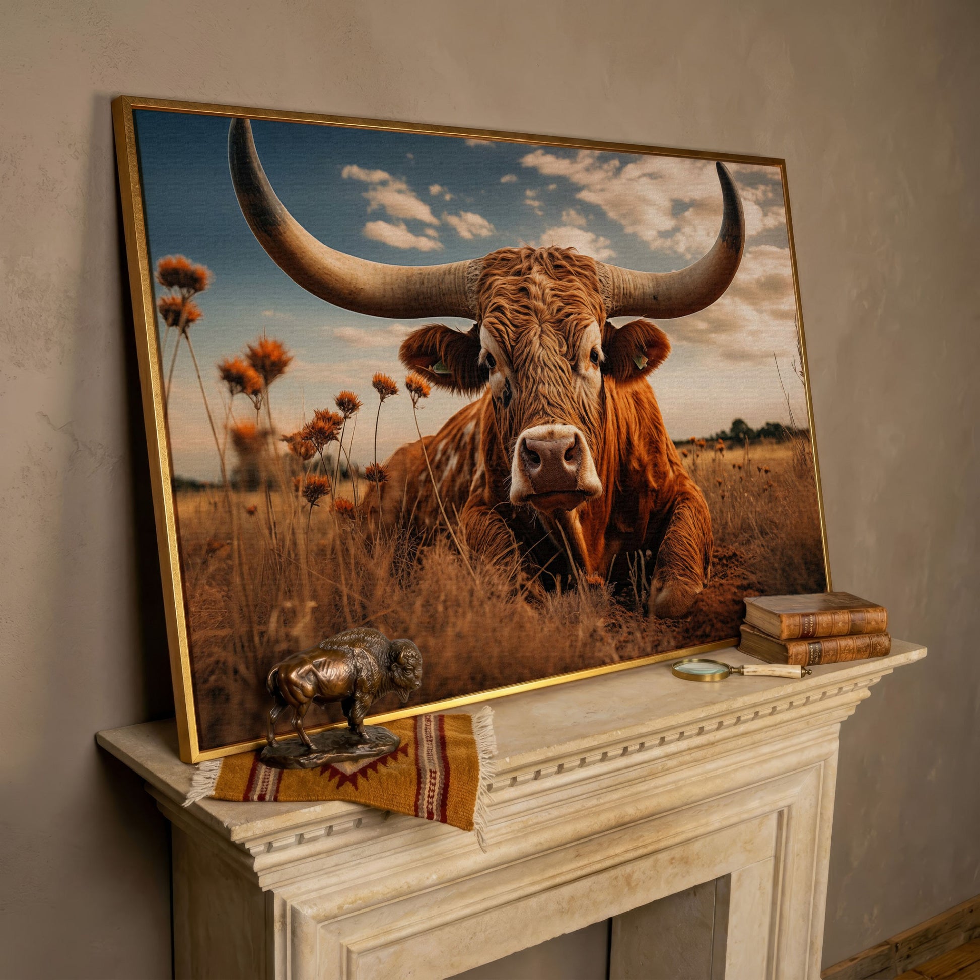 Texas Longhorn Cow Canvas Print for Rustic Interiors in rose gold floating frame