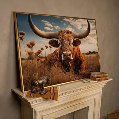 Texas Longhorn Cow Canvas Print for Rustic Interiors in rose gold floating frame