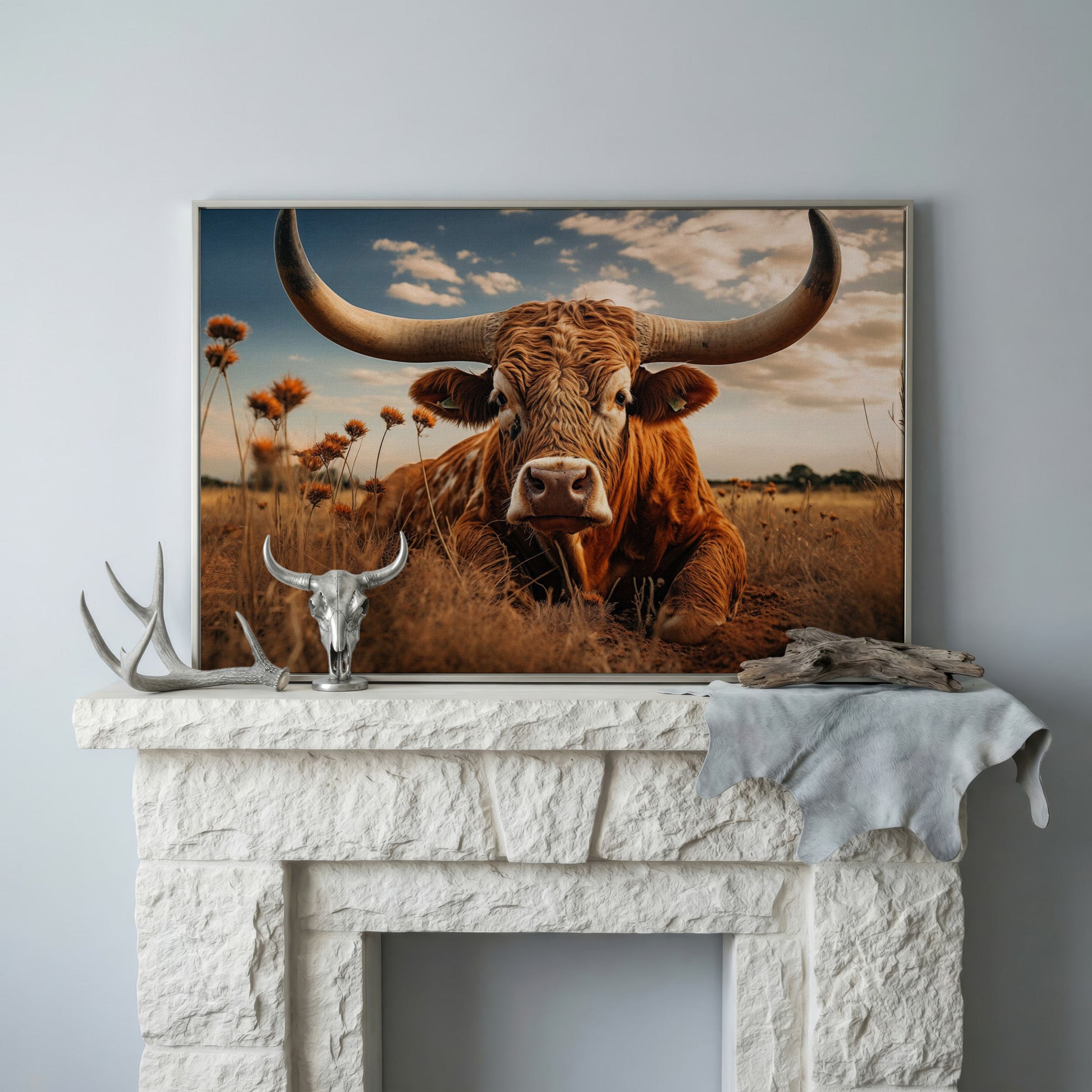 Texas Longhorn Cow Canvas Print for Rustic Interiors in silver floating frame