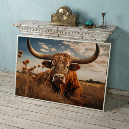 Texas Longhorn Cow Canvas Print for Rustic Interiors in white floating frame