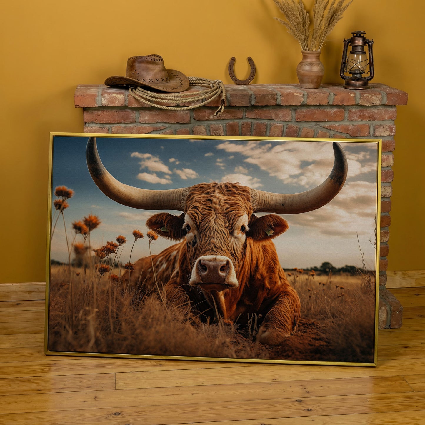 Texas Longhorn Cow Canvas Print for Rustic Interiors in yellow gold floating frame