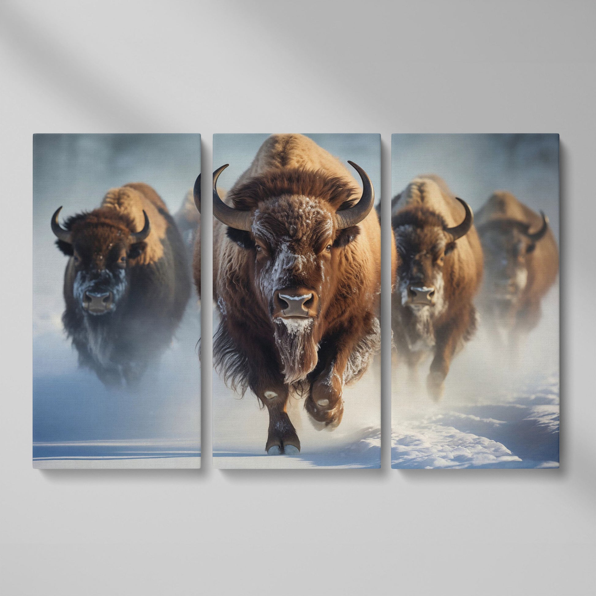 Buffalo Herd Running Through Snow Canvas as 3-panel split version