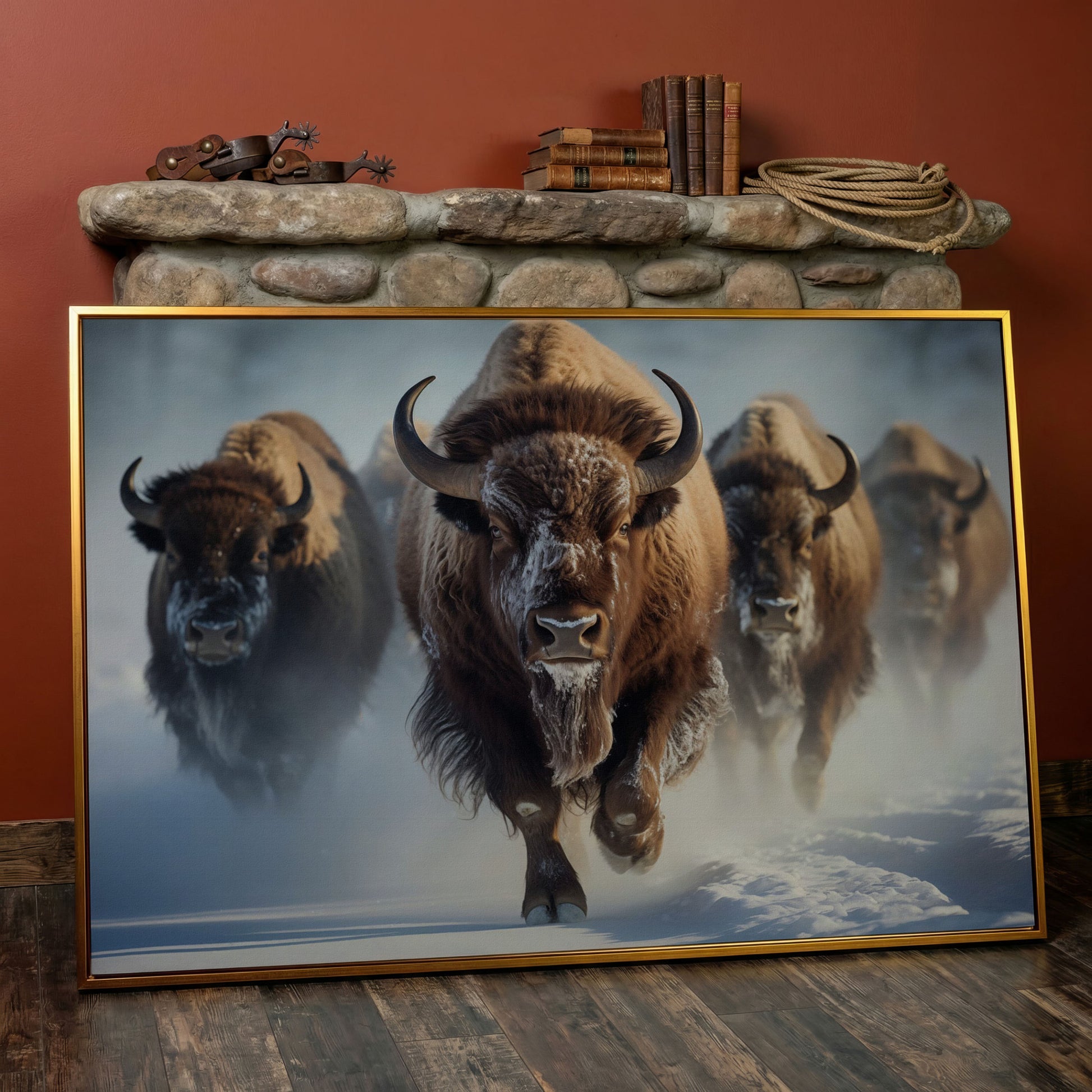 Buffalo Herd Running Through Snow Canvas in antique gold floating frame