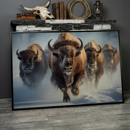 Buffalo Herd Running Through Snow Canvas in black floating frame