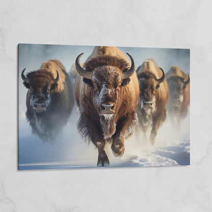 Buffalo Herd Running Through Snow Canvas on gallery wrap