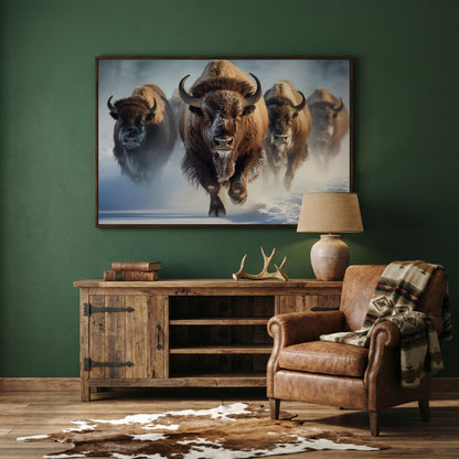 Buffalo Herd Running Through Snow Canvas in dark walnut floating frame