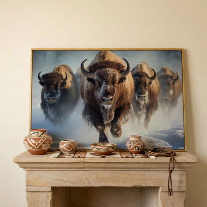 Buffalo Herd Running Through Snow Canvas in white oak floating frame