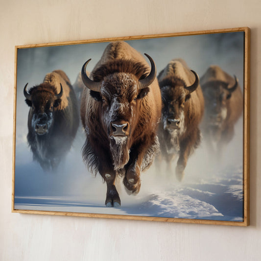 Buffalo Herd Running Through Snow Canvas shown in white oak floating frame
