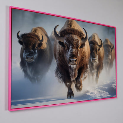 Buffalo Herd Running Through Snow Canvas in pink floating frame