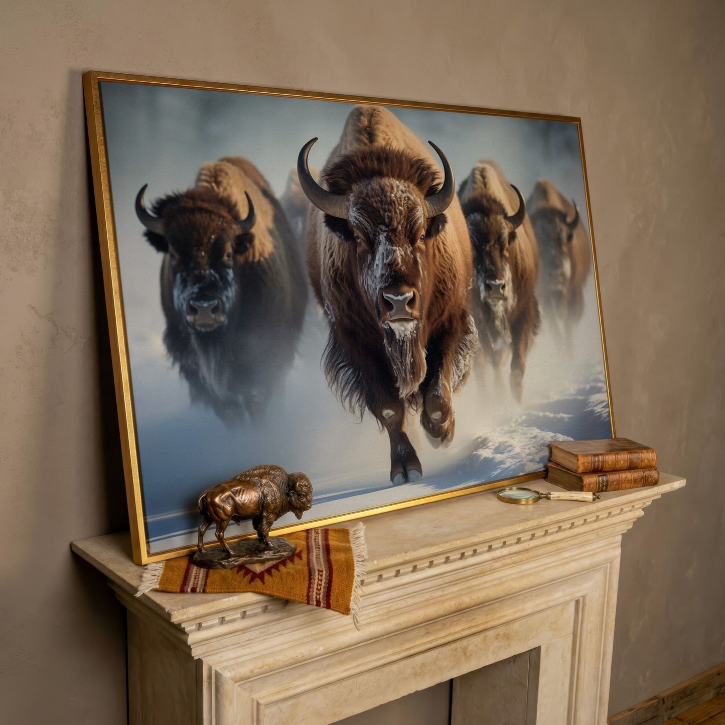 Buffalo Herd Running Through Snow Canvas in rose gold floating frame