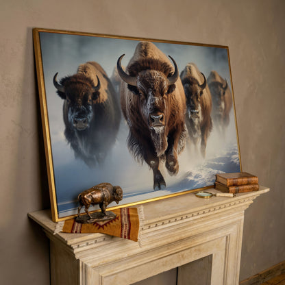 Buffalo Herd Running Through Snow Canvas in rose gold floating frame