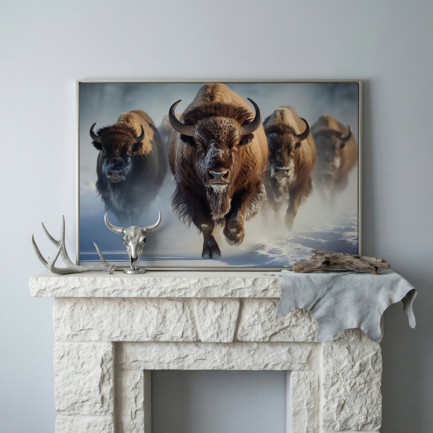Buffalo Herd Running Through Snow Canvas in silver floating frame