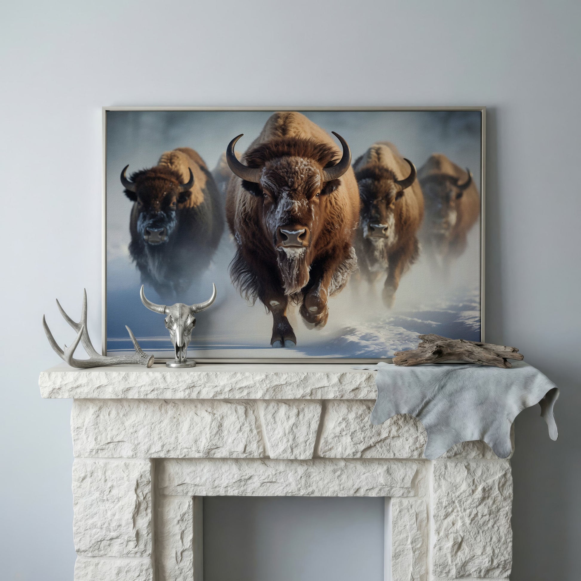 Buffalo Herd Running Through Snow Canvas in silver floating frame