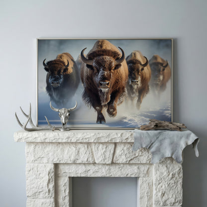 Buffalo Herd Running Through Snow Canvas in silver floating frame