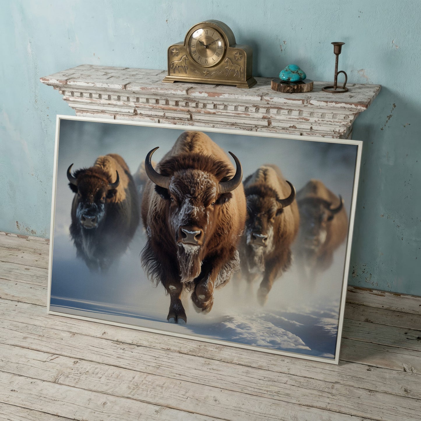 Buffalo Herd Running Through Snow Canvas in white floating frame