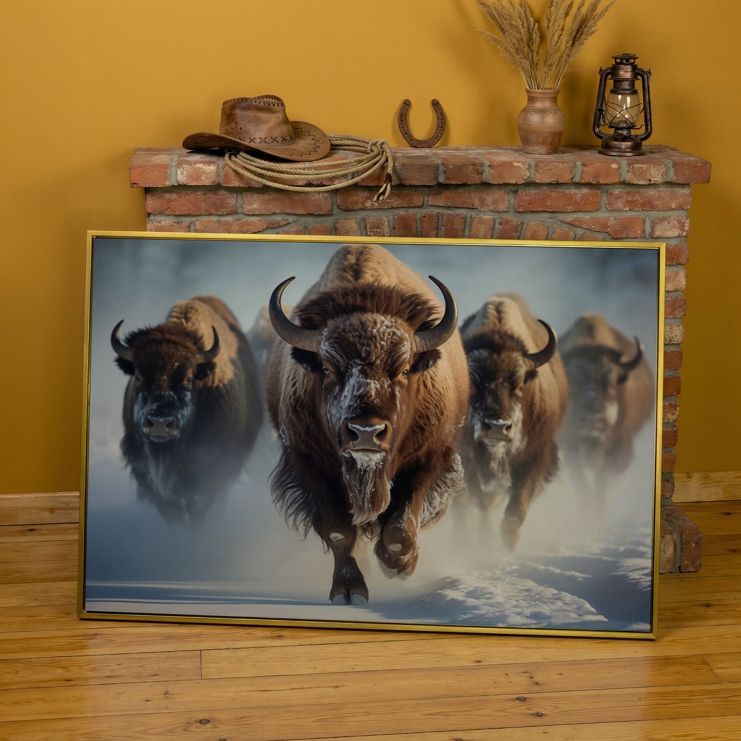 Buffalo Herd Running Through Snow Canvas in yellow gold floating frame