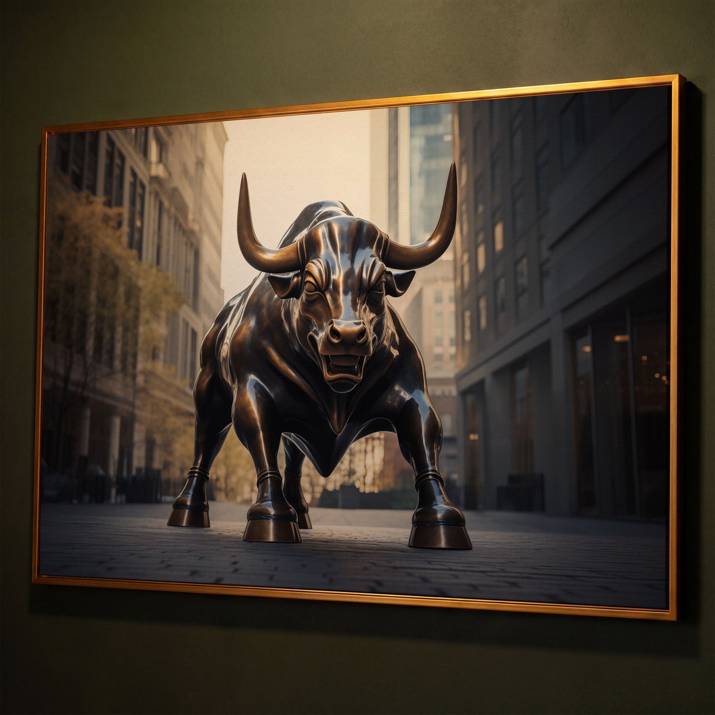Raging Bull Canvas Print shown in antique gold floating frame