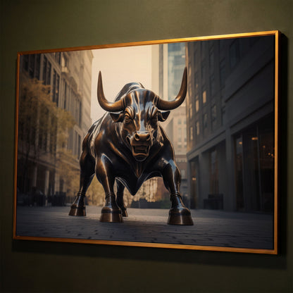 Raging Bull Canvas Print shown in antique gold floating frame