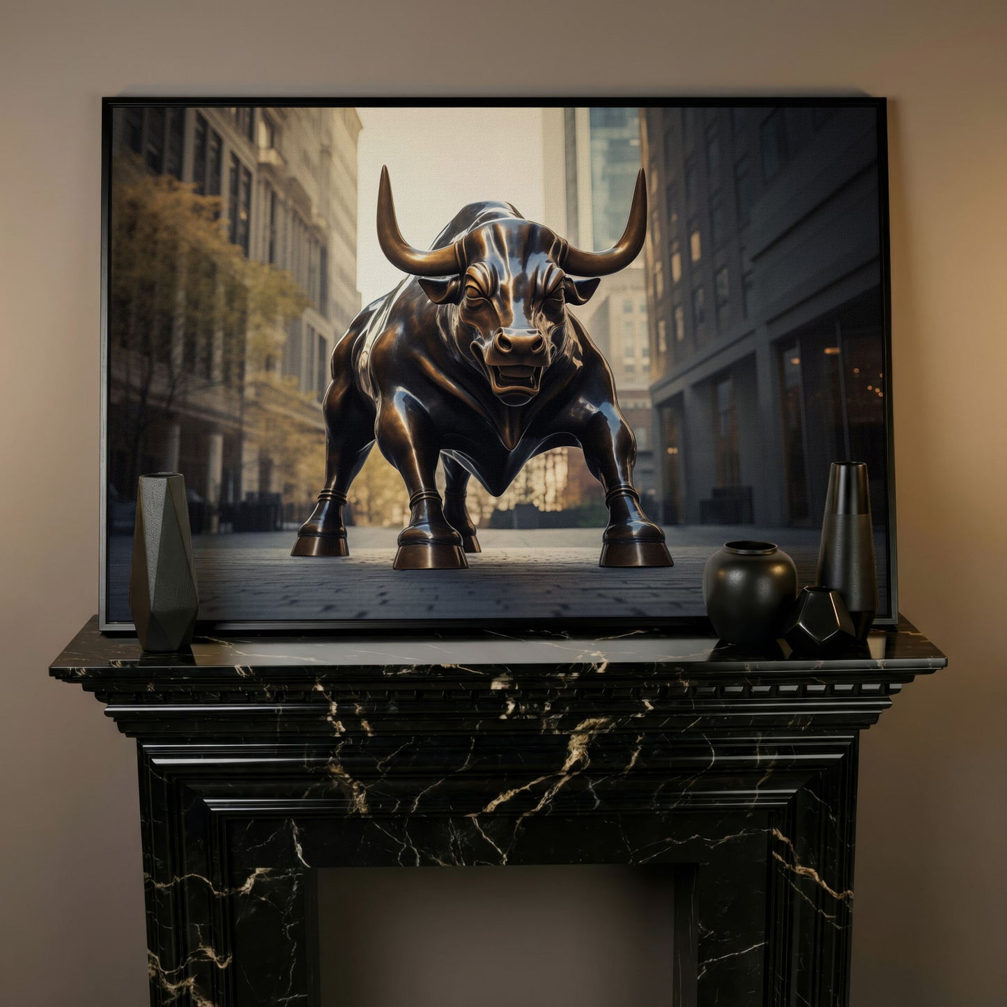 Raging Bull Canvas Print in black floating frame