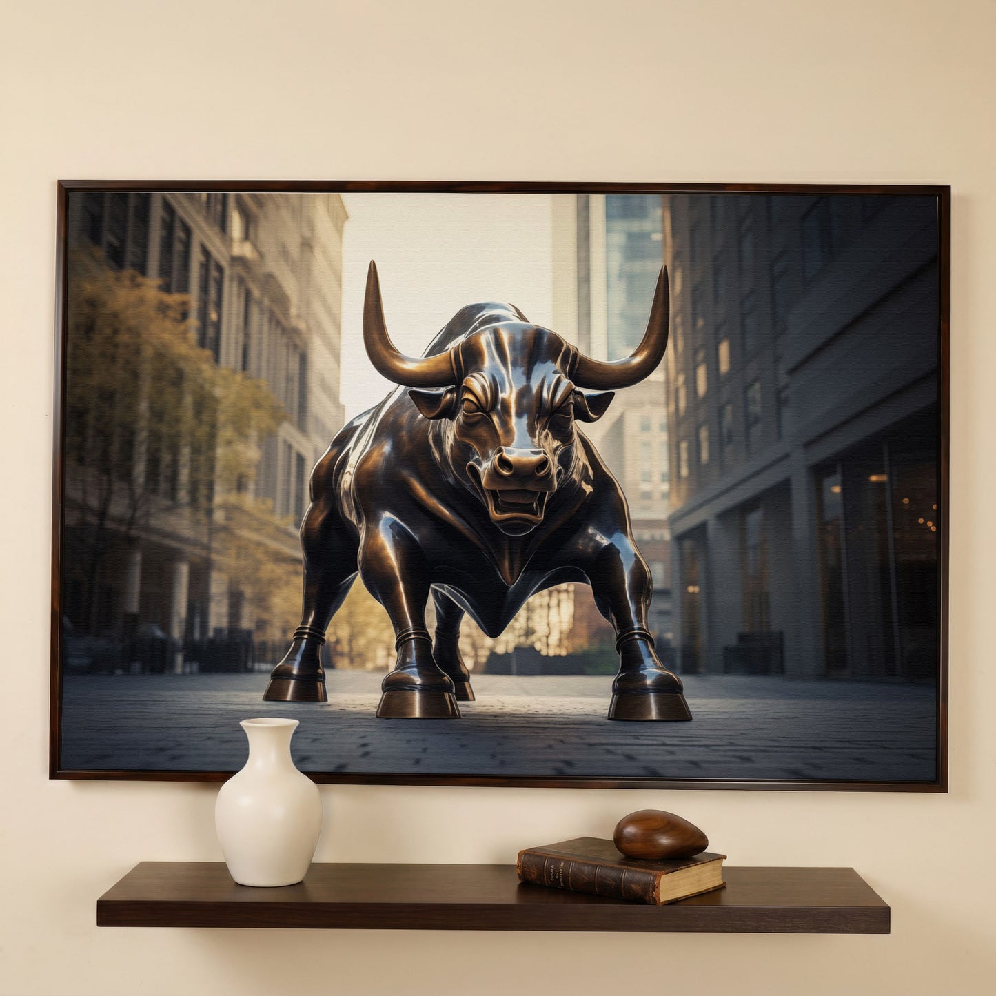 Raging Bull Canvas Print in dark walnut floating frame
