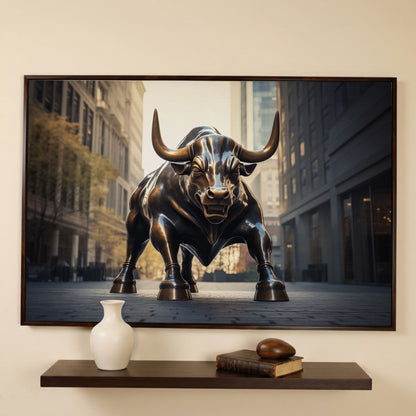 Raging Bull Canvas Print in dark walnut floating frame