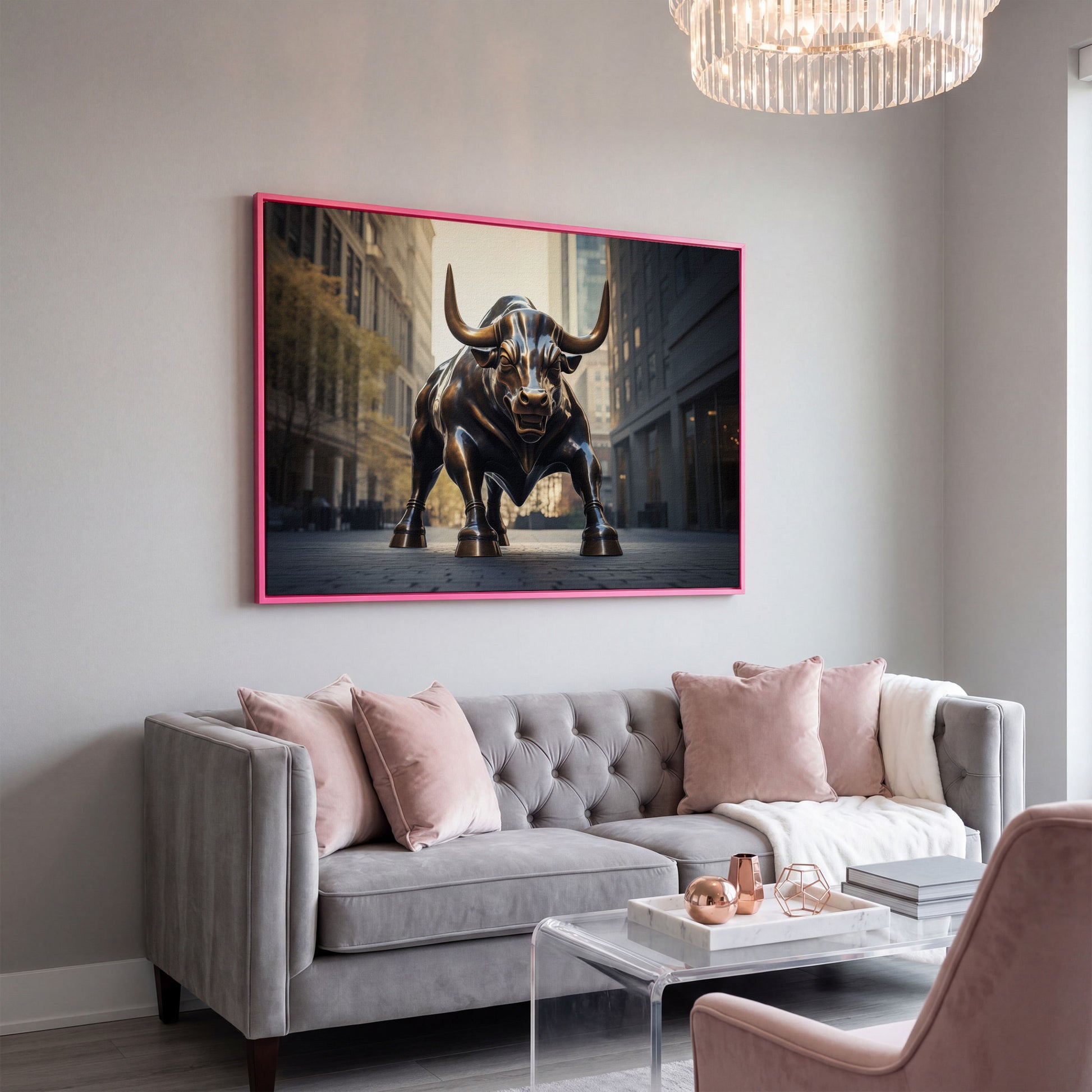 Raging Bull Canvas Print in pink floating frame