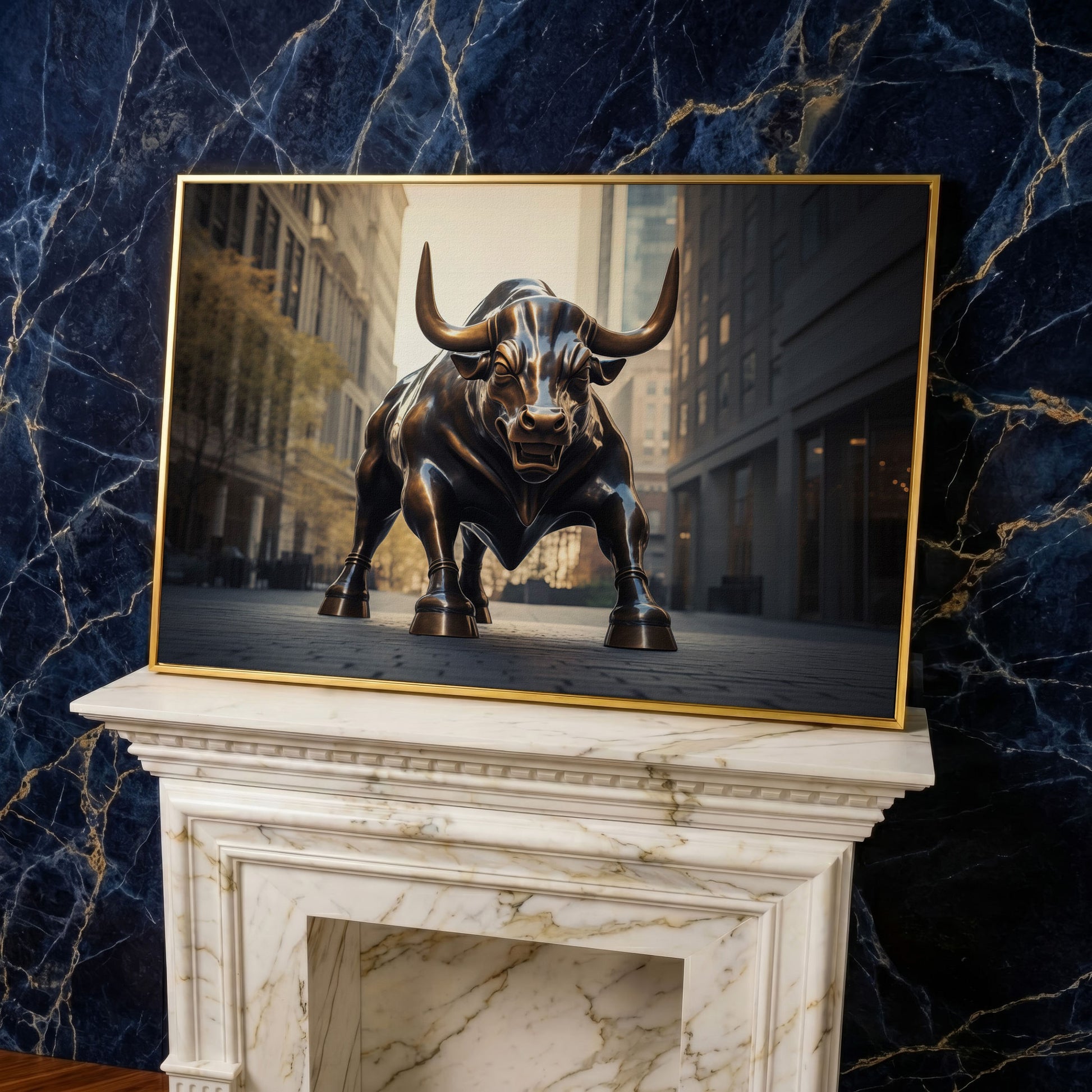 Raging Bull Canvas Print in yellow gold floating frame
