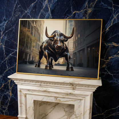 Raging Bull Canvas Print in yellow gold floating frame