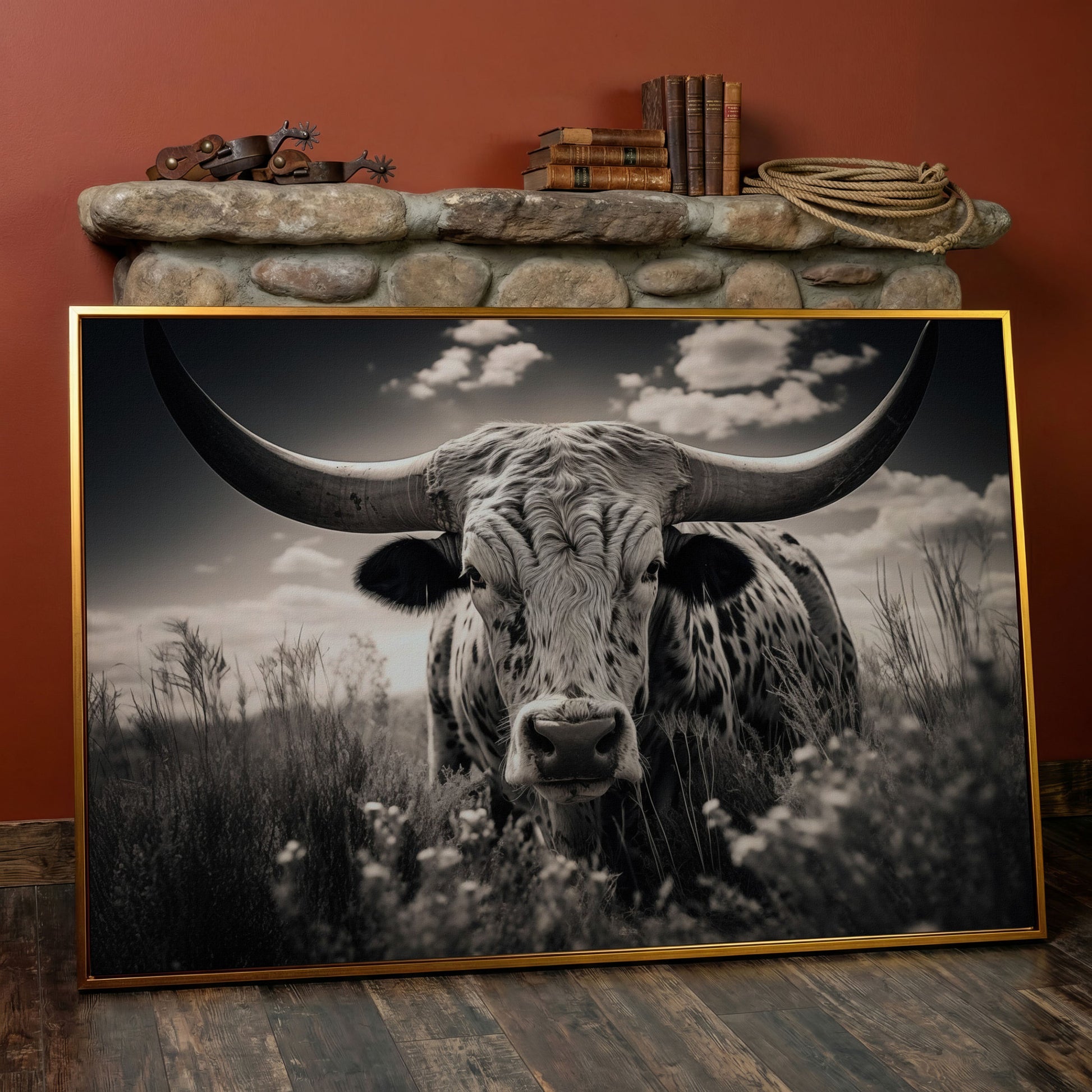 Texas Longhorn Canvas Print in Black and White in antique gold floating frame