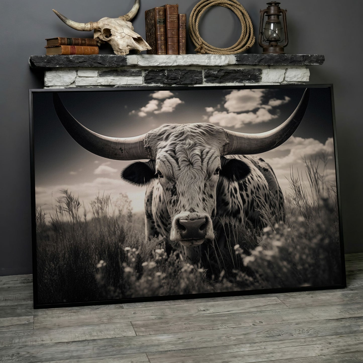 Texas Longhorn Canvas Print in Black and White in black floating frame