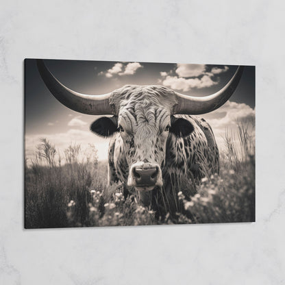 Texas Longhorn Canvas Print in Black and White on gallery wrap