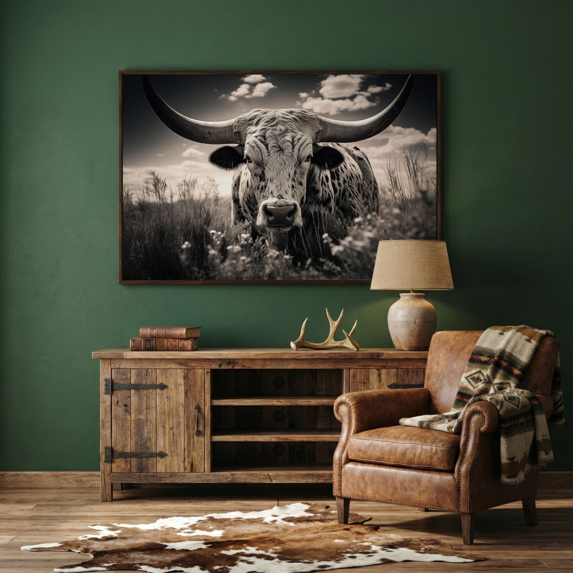 Texas Longhorn Canvas Print in Black and White in dark walnut floating frame