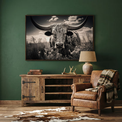 Texas Longhorn Canvas Print in Black and White in dark walnut floating frame