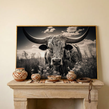 Texas Longhorn Canvas Print in Black and White in white oak floating frame
