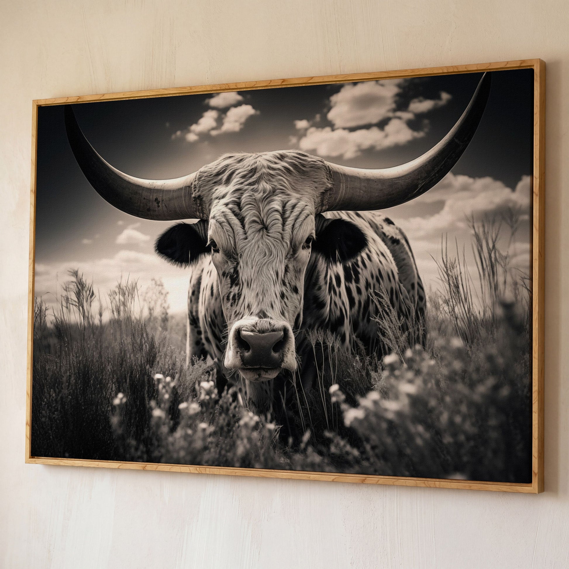 Texas Longhorn Canvas Print in Black and White shown in white oak floating frame