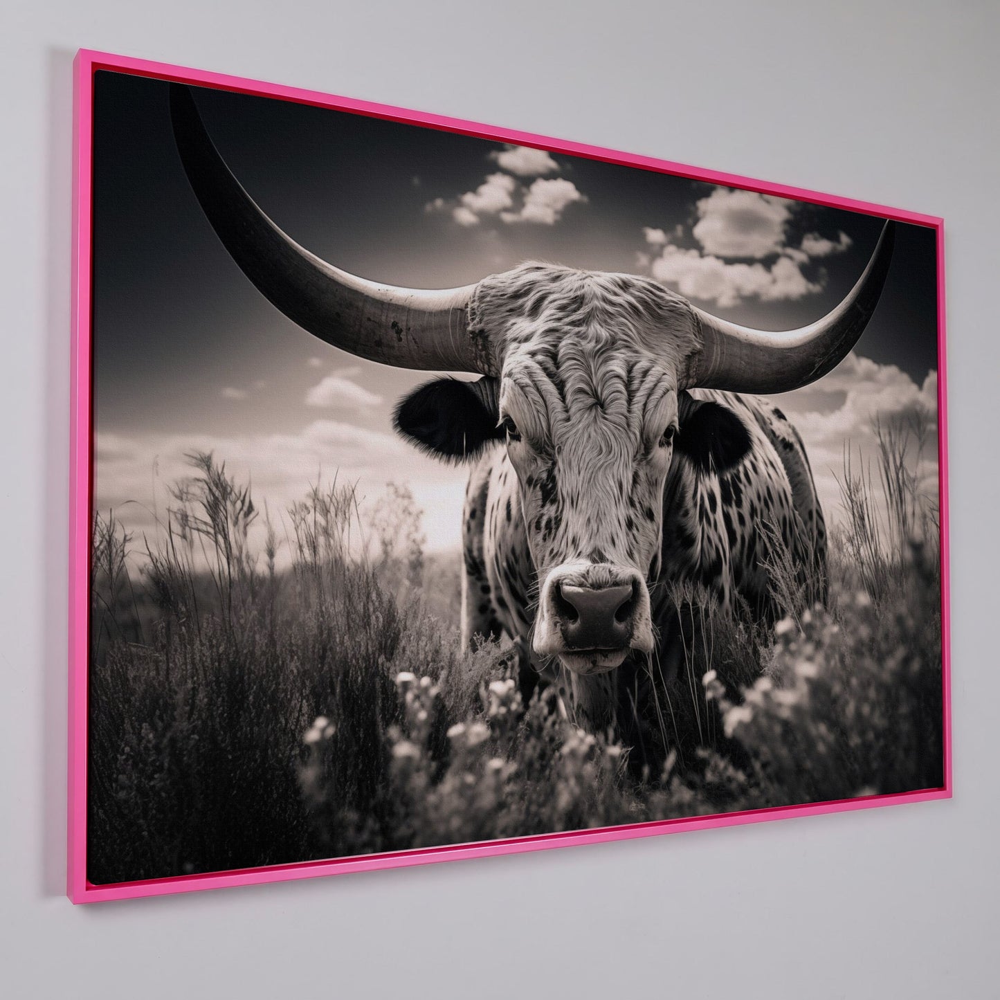 Texas Longhorn Canvas Print in Black and White in pink floating frame
