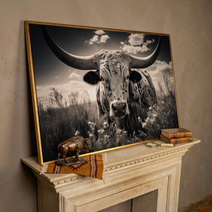 Texas Longhorn Canvas Print in Black and White in rose gold floating frame