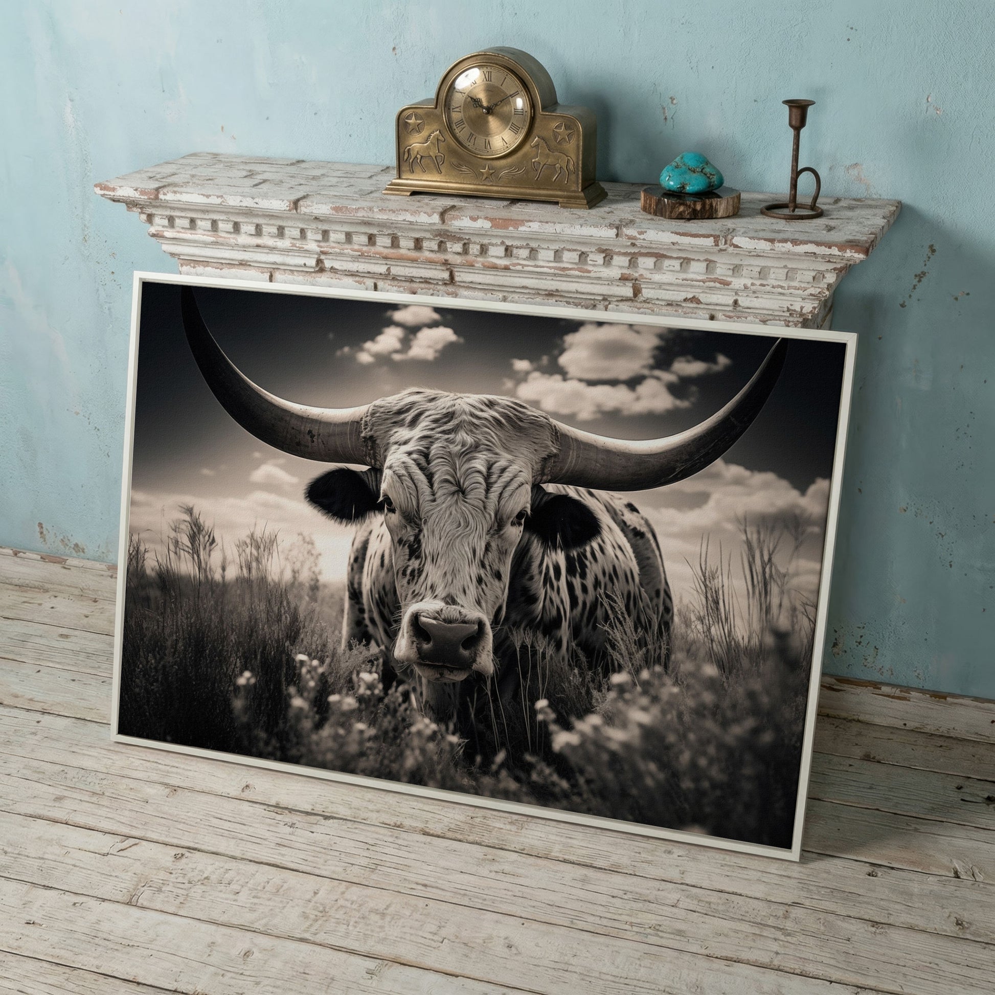 Texas Longhorn Canvas Print in Black and White in white floating frame