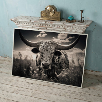 Texas Longhorn Canvas Print in Black and White in white floating frame