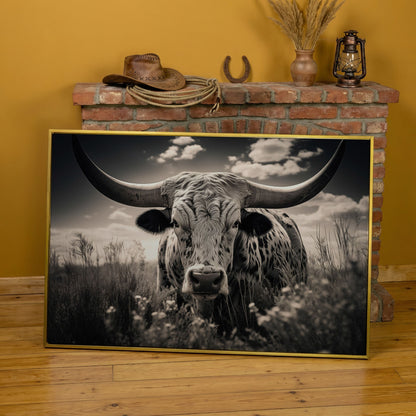 Texas Longhorn Canvas Print in Black and White in yellow gold floating frame
