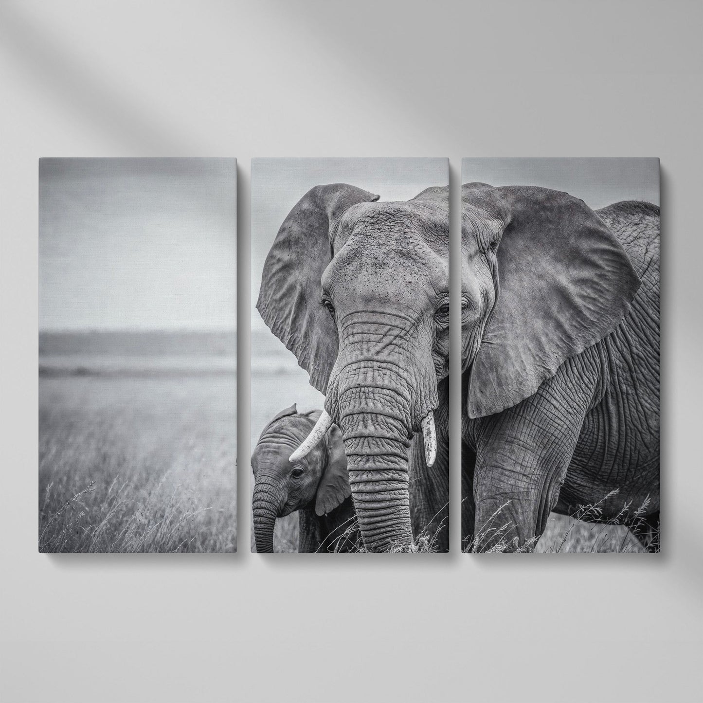 African Elephant Mother & Calf Canvas Print as 3-panel split version