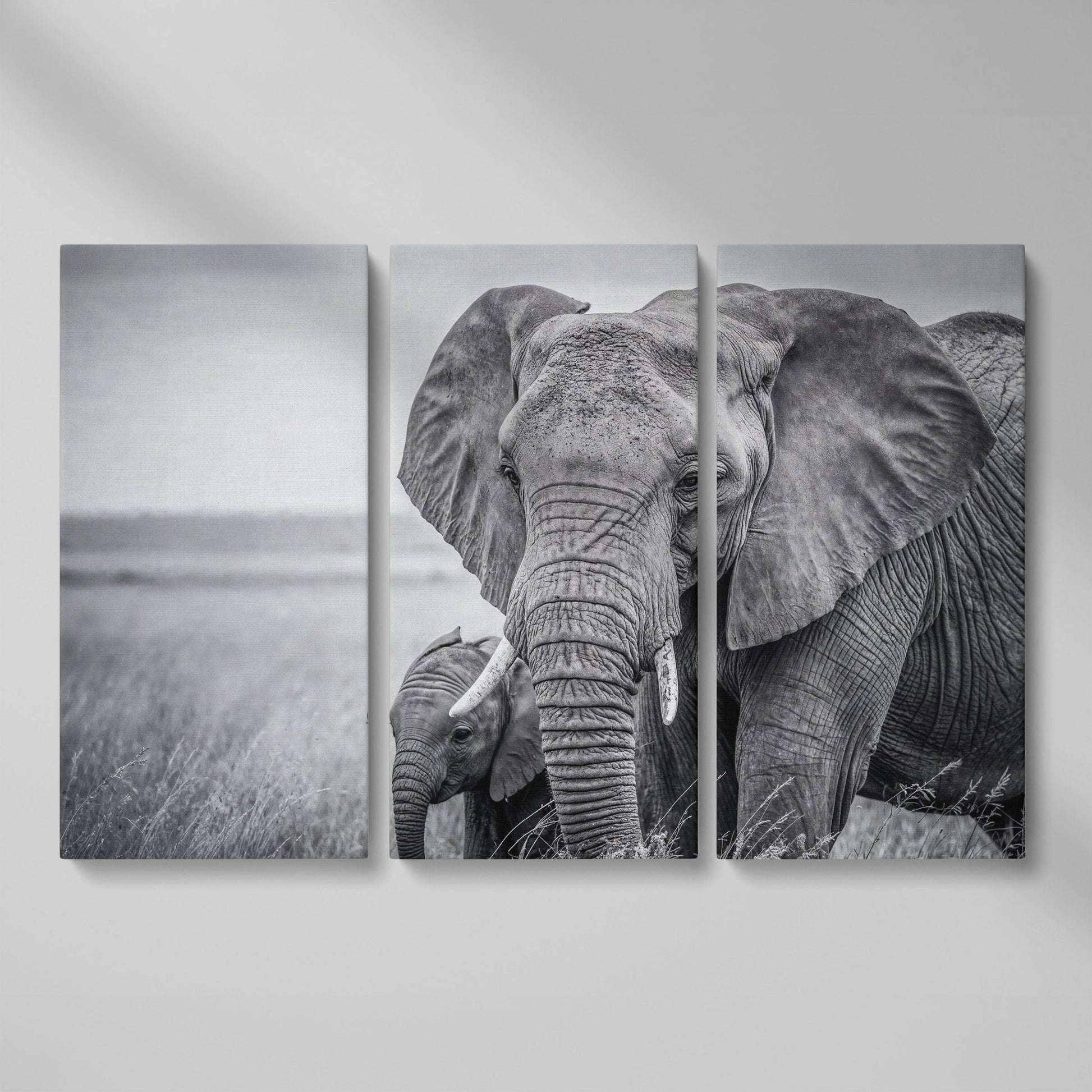 African Elephant Mother & Calf Canvas Print as 3-panel split version