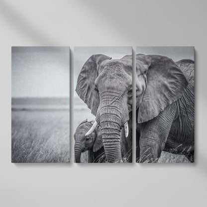 African Elephant Mother & Calf Canvas Print as 3-panel split version