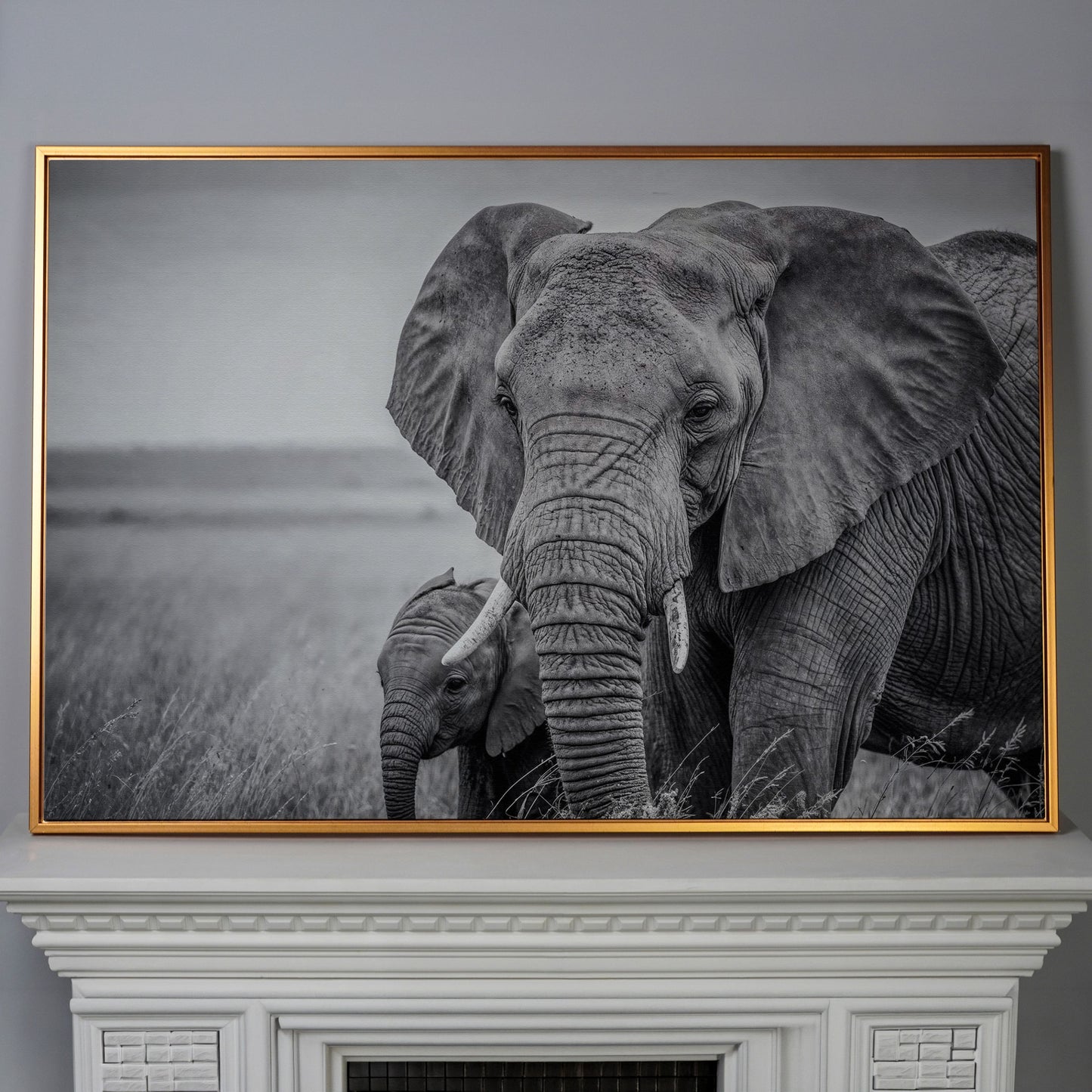 African Elephant Mother & Calf Canvas Print in antique gold floating frame