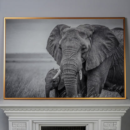 African Elephant Mother & Calf Canvas Print in antique gold floating frame