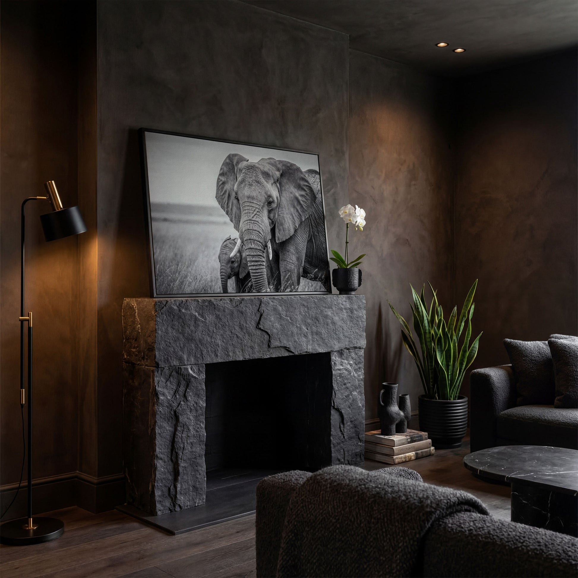 African Elephant Mother & Calf Canvas Print in black floating frame