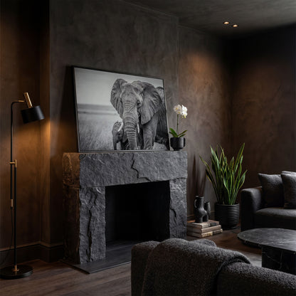 African Elephant Mother & Calf Canvas Print in black floating frame
