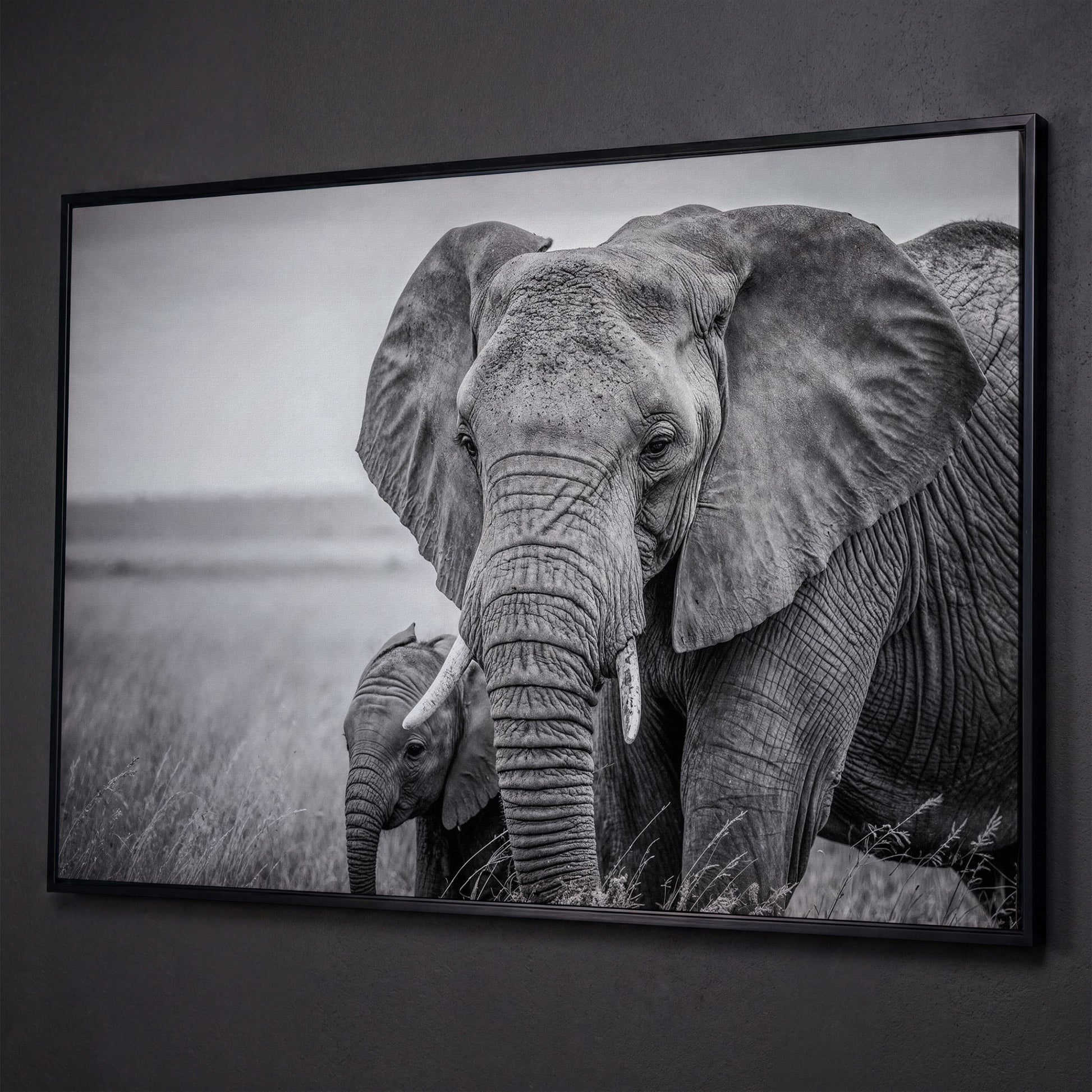 African Elephant Mother & Calf Canvas Print shown in black floating frame