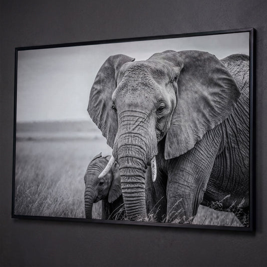 African Elephant Mother & Calf Canvas Print shown in black floating frame