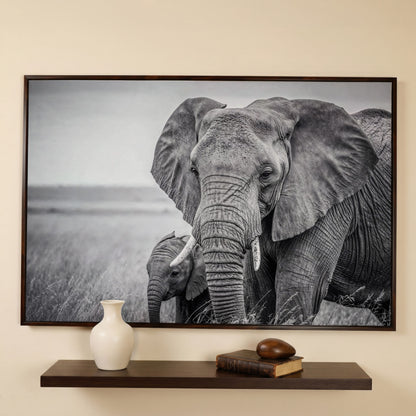 African Elephant Mother & Calf Canvas Print in dark walnut floating frame